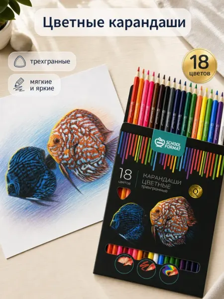 Schoolformat Цветные карандаши мягкие яркие набор 18 цветов трехгранные