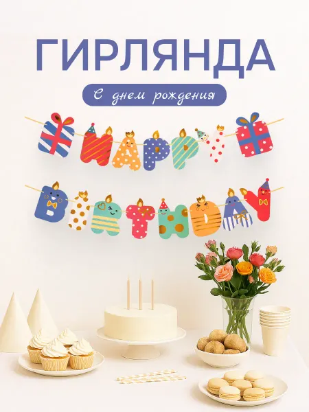 Самопраздник Гирлянда Happy Birthday, с днём рождения цветная детская
