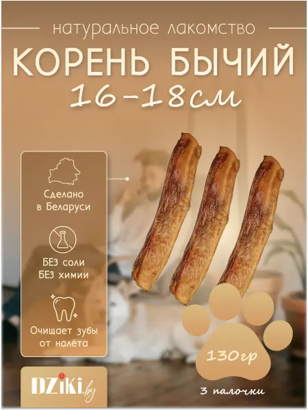 Dziki.by Корень бычий 16-18см 130гр сушеное лакомство для собак